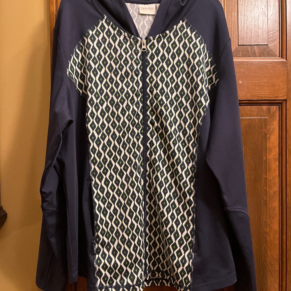 New, Never Worn, Chico’s Navy Blue With Pattern Front Zip Jacket.
